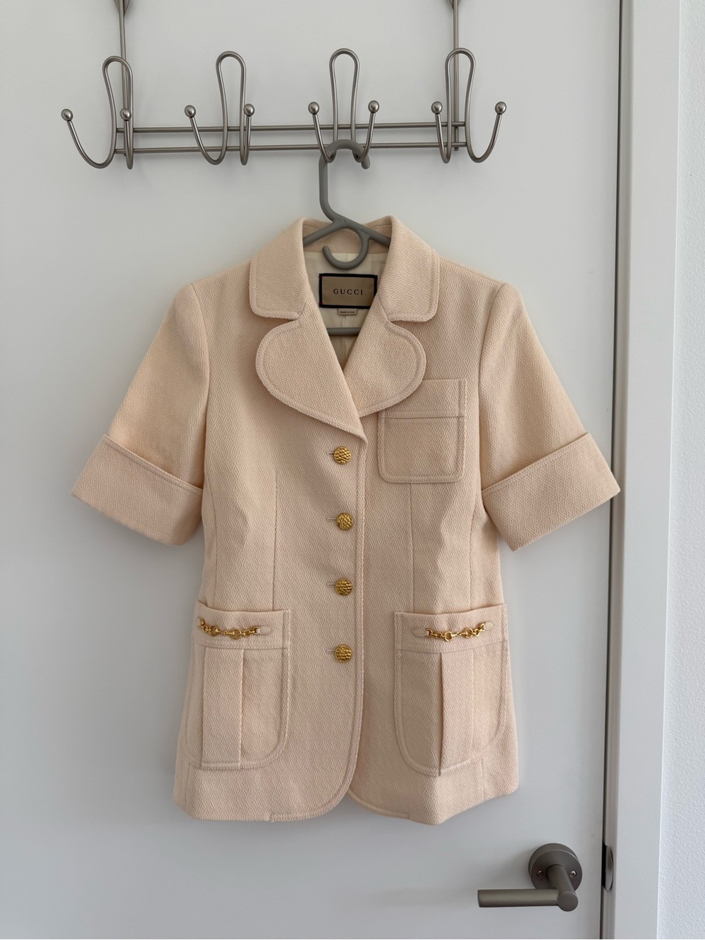 Gucci Pale Pink Short-Sleeve Wool-Blend Jacket with Gold Buttons